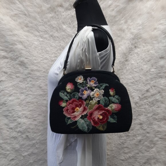 Vintage 1950's Black Tapestry Needlepoint Floral Roses Handbag - Picture 1 of 9